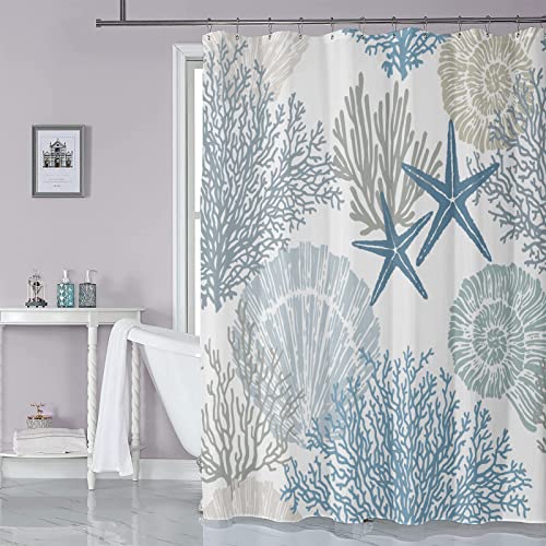 Nautical Coastal Waterproof Fabric Shower Curtains Decorative Starfish Seashell Coral Beach Bath Curtain Ocean Themed Underwater Marine Decor for Bathroom with 12 Hooks, 72 x 72, Blue